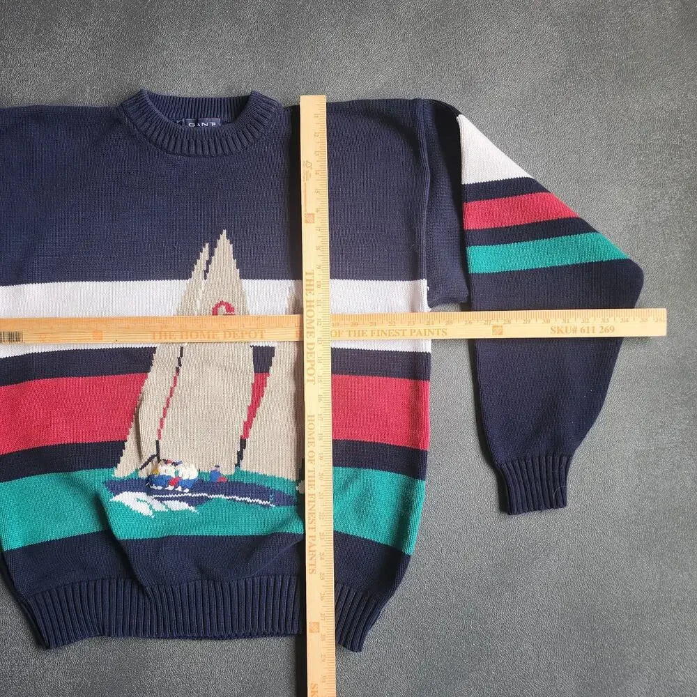 Vintage 90's GANT Sailboat Hand Intarsia Navy Sweater XXLT - Picture 6 of 7